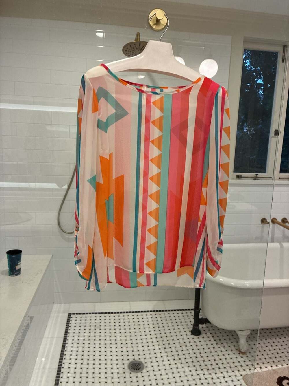 Rachel Kate Women's Long Sleeve Geometric Print Sheer Chiffon Blouse, Size M